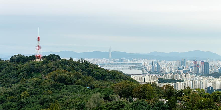 Seúl, ciudad, panorama, arboles, rascacielos, edificios, calina, niebla, colina, Torre de televisión, Torre de televisión de Seúl