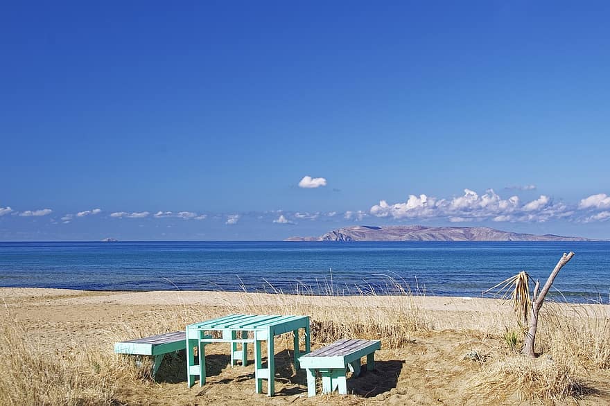 Grecia, Creta, Regione Heraklion, mediterraneo, Mare di Creta, acqua, Isola dia, isola, spiaggia, luogo di picnic, picnic