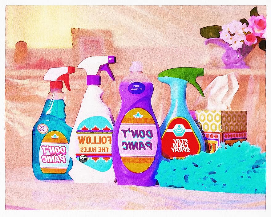 Watercolor Cleaning Products, Coronavirus, Don't Panic, Follow The Rules, Tissue, Stay Safe, Stay Home, Quarantine, Virus, Corona, Panic