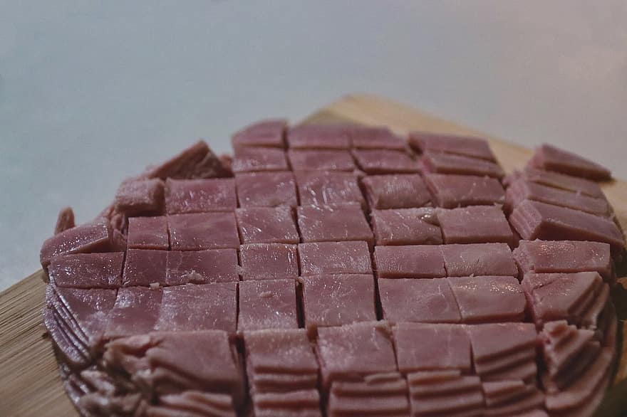 ham, Gekookte ham, Dobbelsteen, vlees, Snijden, voeding, voedsel, koken, fijnproever, varkensvlees, detailopname