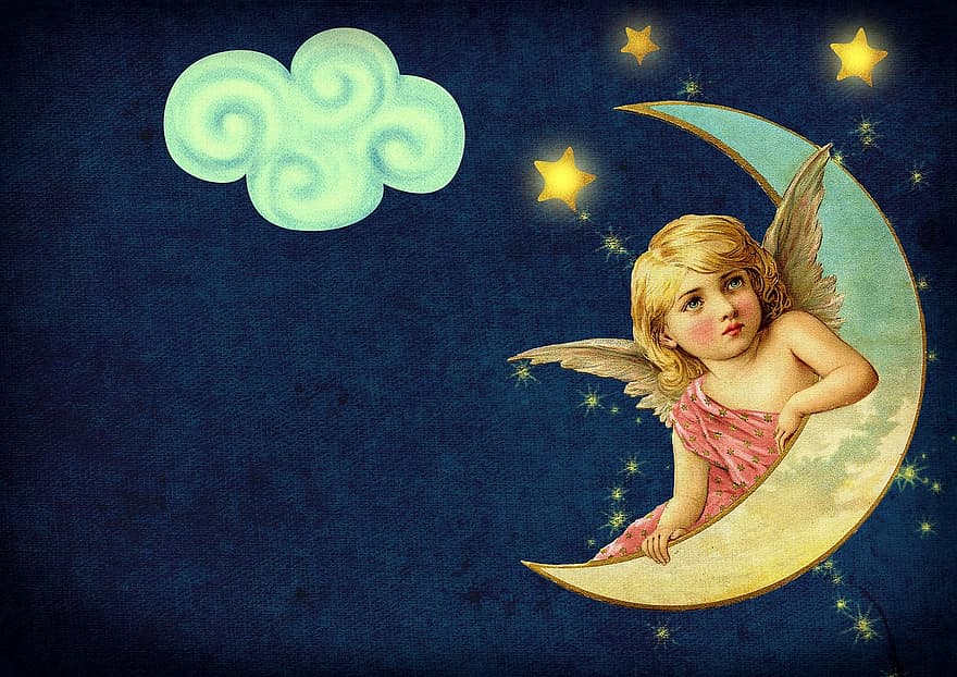 cổ điển, mặt trăng, Thiên thần, ngôi sao, những đám mây, bầu trời, chúc ngủ ngon, cũ, sổ lưu niệm, ngủ, ngọt