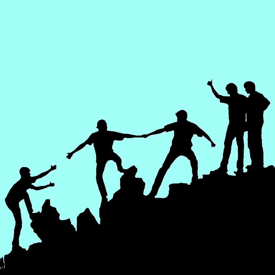 一緒に、互いに助け合う、勝つ、チームワーク、人、岩、助けて、トレーニング、動機