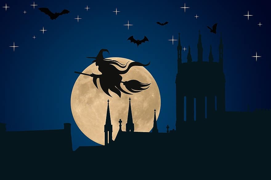 Halloween, la bruixa, hexenbesen, lluna, estrella, màgia, nit, escombra, castell, torre, volant