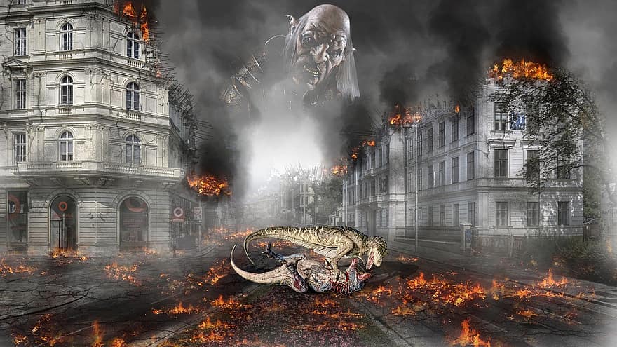 динозавр, битва, дорога, диму, вогонь, горіння, крові, будівлі, місто, сюрреалістичний, кошмар