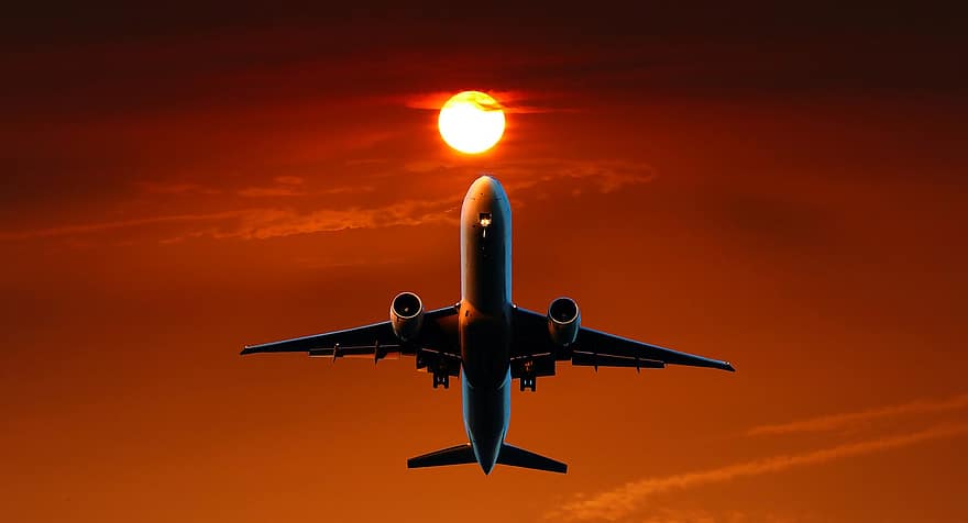 repülőgép, napnyugta, szín, narancs, nap, repülési, szállítás, utazás, ég, repülés, levegő