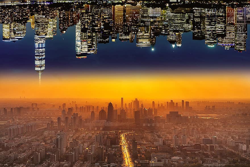 Buildings, City, Sunset, Concept, Idea, Other Side, Other Side Of The Earth, Reverse, Upside-down, Fantasy, cityscape
