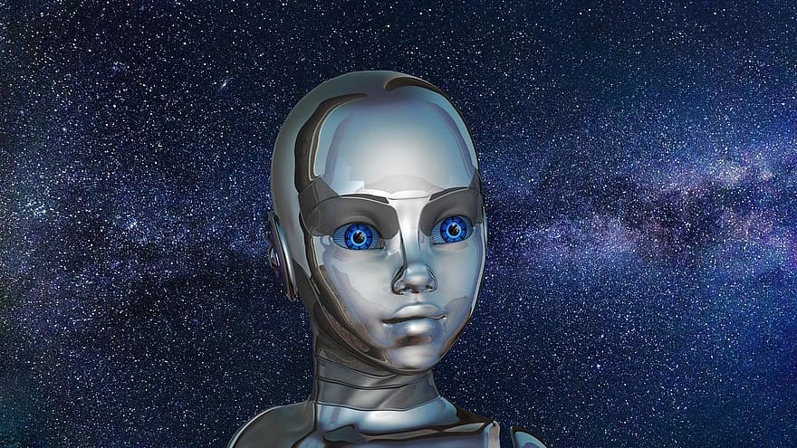 pige, kvinde, ansigt, øjne, tæt på, robot, cyborg, android, robotteknik, blå, sølv