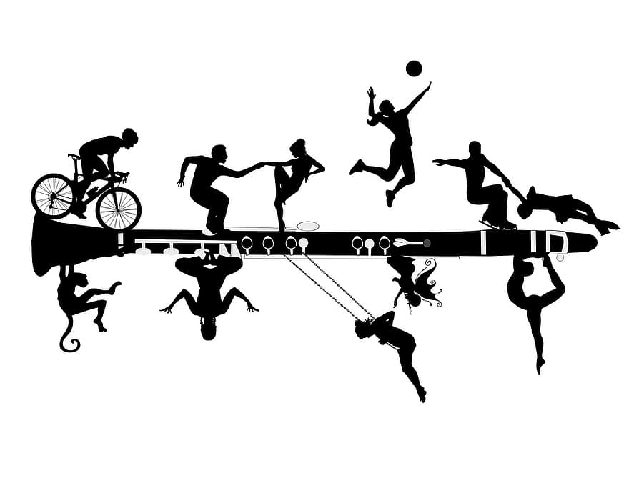 маймуна, жена, кларнет, силует, хора, велосипед, инструмент, танцьорки, фигурно пързаляне, волейбол, олимпиада