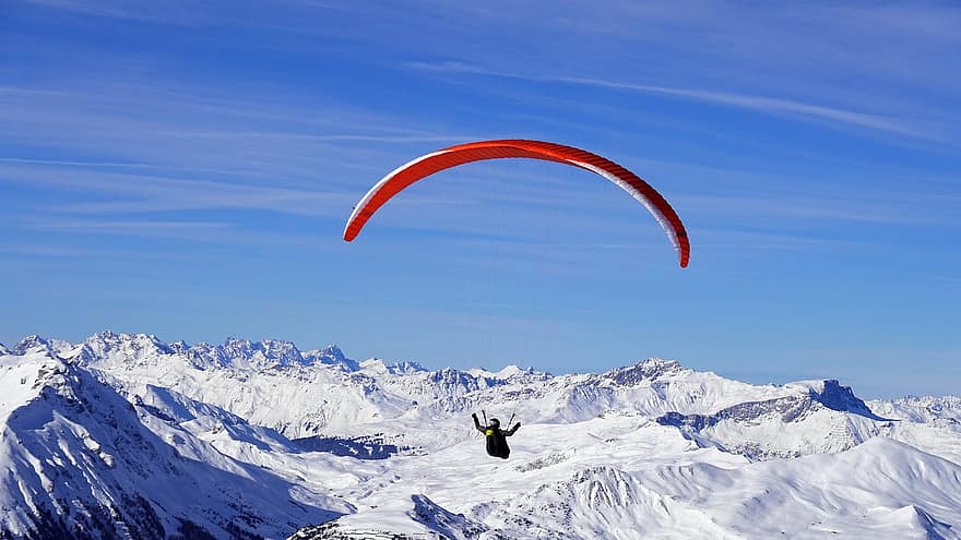 paragliding, kalni, sniegs, paraglider, virsotnes, kalnu grēda, ziemā, sniega sega, raksturs, ainavu, auksts