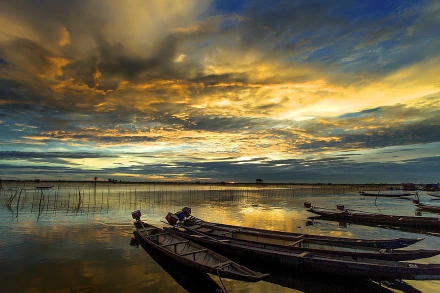 Boats, Sunset, Lake, Outdoors, Travel, Exploration, Beach, Landscape, Vietnam, Sky, nautical vessel