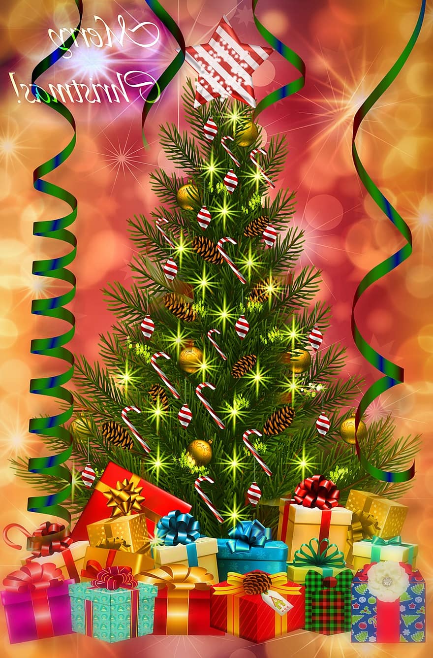 tarjeta de Navidad, árbol de Navidad, regalos, asterisco, vacaciones, Nicolás, una postal, verde, adornos de navidad