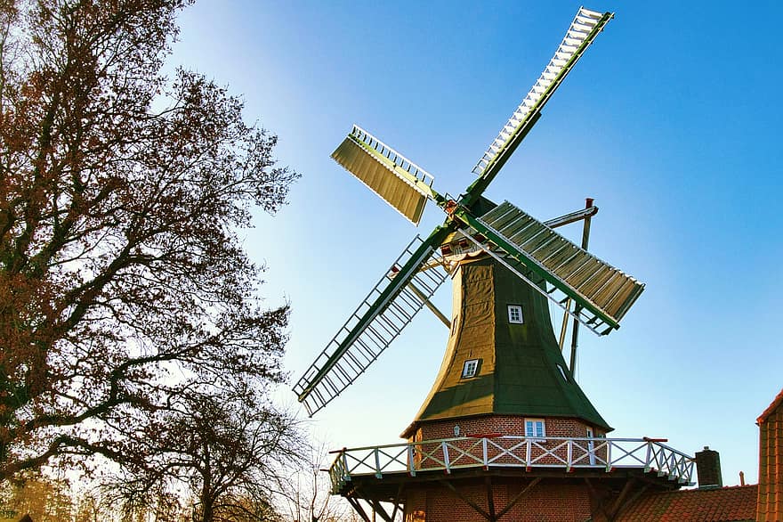 moinho de vento, construção, De Lütje Anja, museu, arquitetura, estrutura, histórico, árvore, céu, turismo, Baixa Saxônia