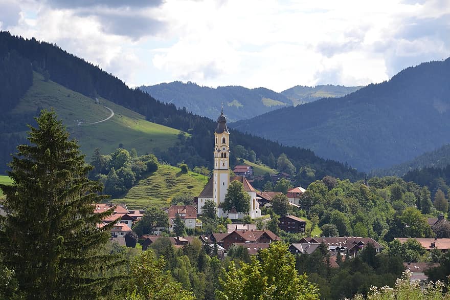 Allgäu, templom, tájkép, bajorországi, hegyek, alpesi, falu, város, épületek, Németország, templomtorony