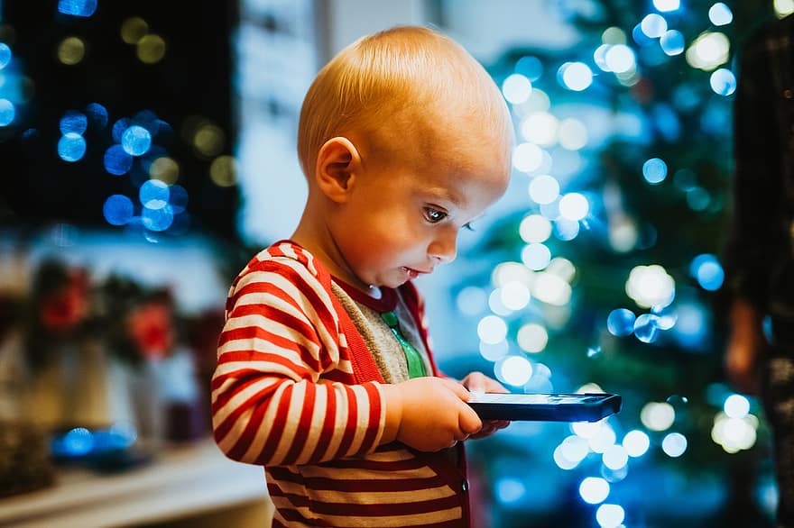 μωρό, νήπιο, τηλέφωνο, smartphone, χαριτωμένος, ευτυχία, παιδί, Χαρά, παίζω, Χριστούγεννα, bokeh