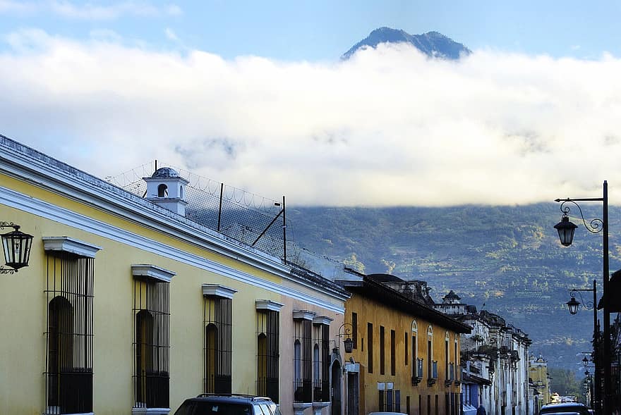 casas, rua, estilo, colonial, Antígua, Equador, vulcão, panorama
