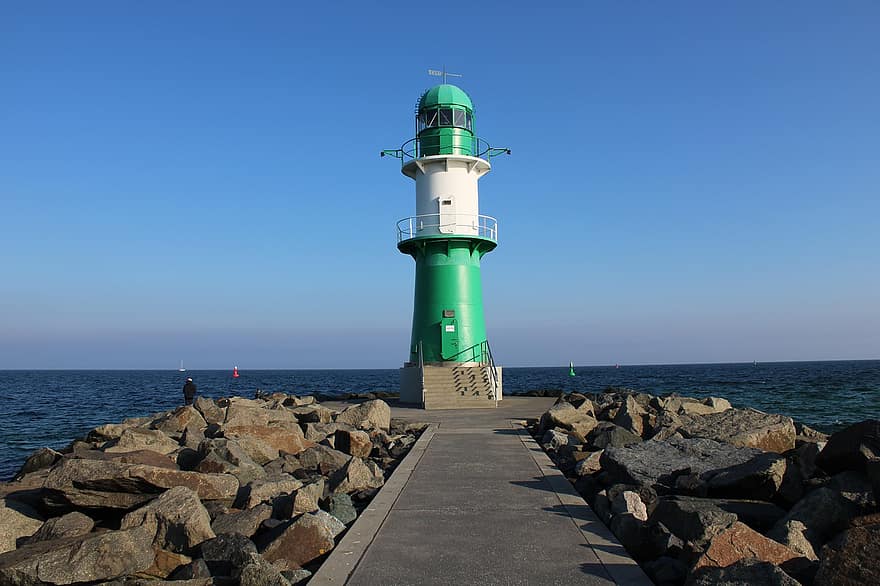 Lighthouse, Beach, Rock, Surf, Warnemünde, Rostock, Coast, Sea, Baltic Sea, Culture, Green