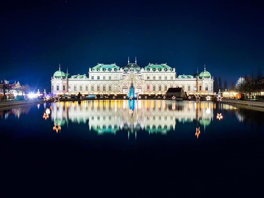 Белведере, дворец, езерце, Коледа, светлини, нощ, парк, Wien, Виена, Австрия, Österreich