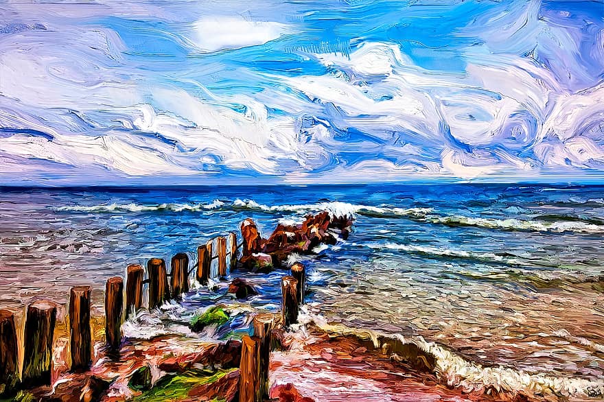 Dermaga Pemandangan Laut, lukisan akrilik