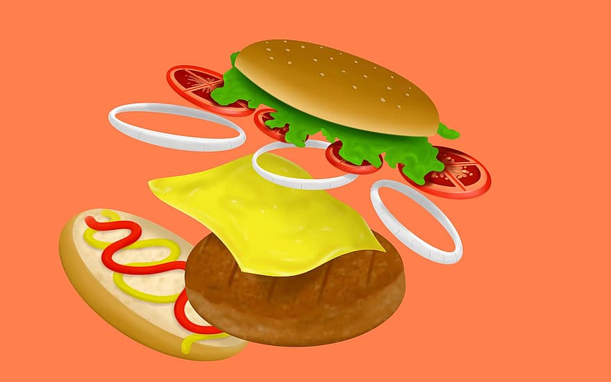 hamburger, ketchup, sennep, majones, salat, tomater, brød, fersk, kjøkken, nydelig, lunsj