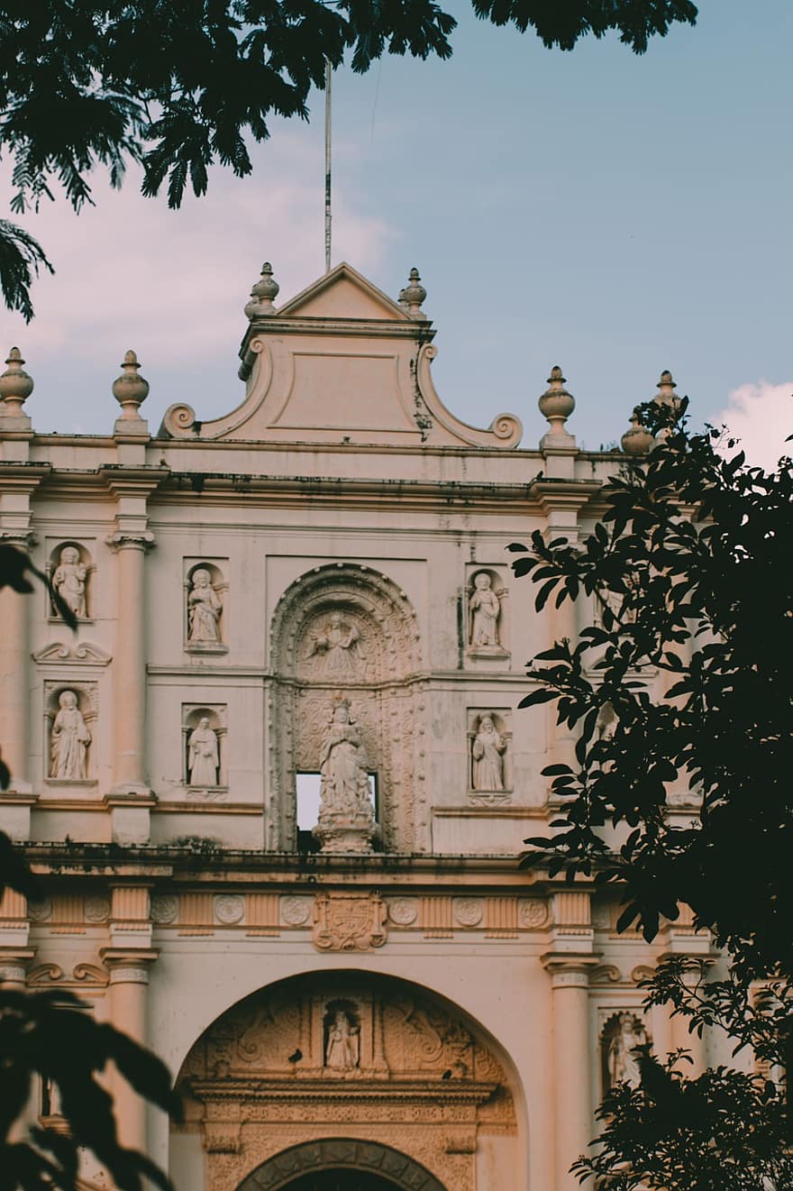Guatemala, Església, històric, façana, estàtua, edifici, antiga església, escultura, exterior