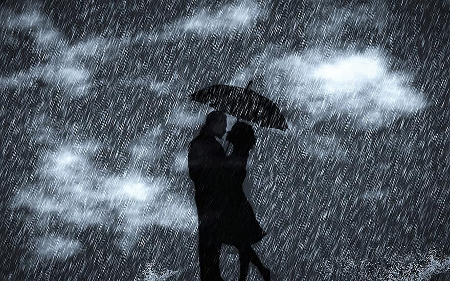 비, 남자, 여자, 구름, 연인, 젖은, 우산