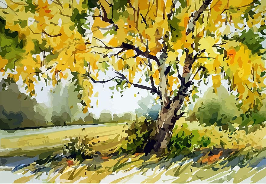 رسم مناظر طبيعية ، مرج ، حديقة ، لوحة ، عمل فني ، لوحة مصفوفة الألوان ، فن بولي منخفض ، فن متعدد الأضلاع ، الخريف ، شجرة ، الأصفر
