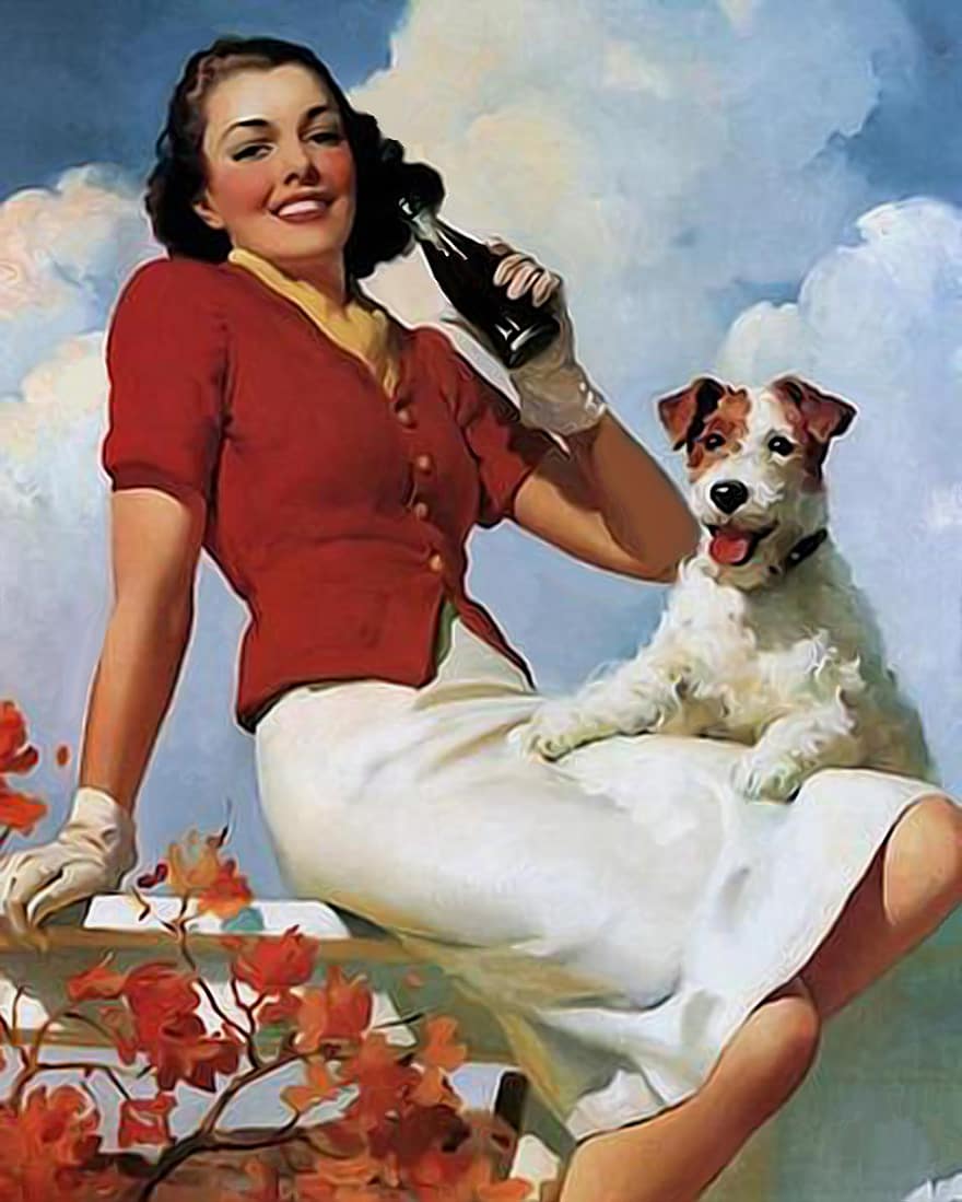 poster vintage, soda, wanita dan anjing, poster retro, minuman, minum, poster, vintage, perayaan, retro, Amerika