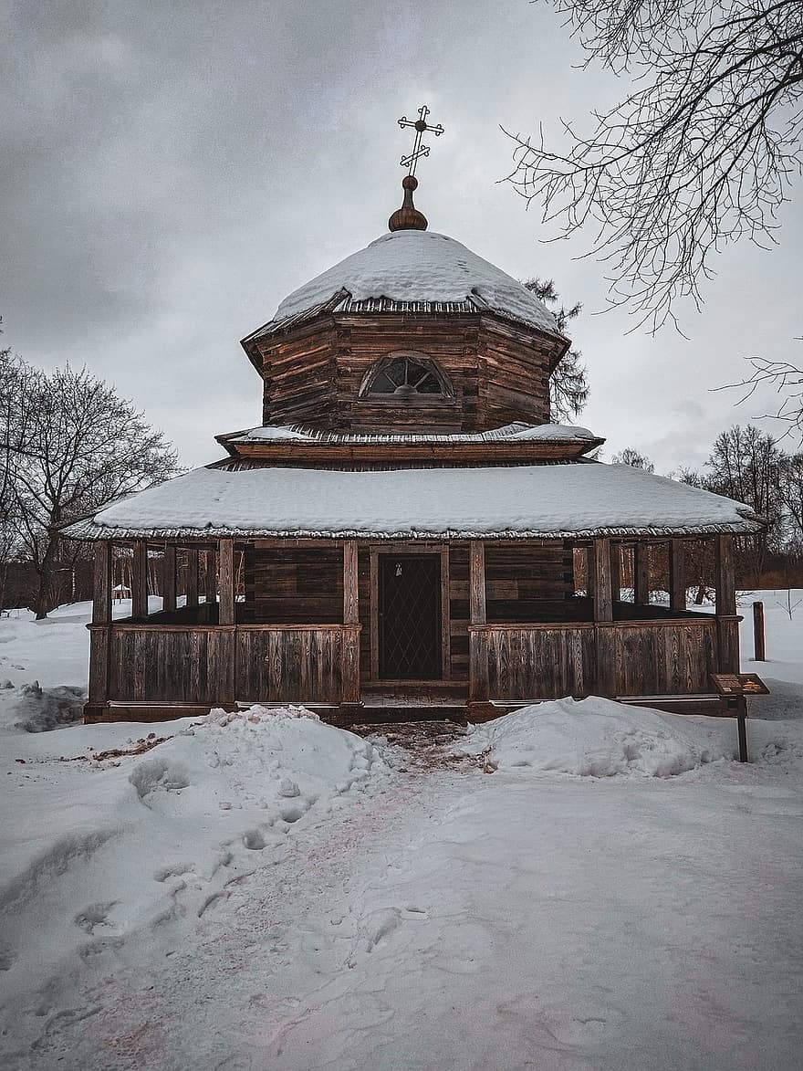 Iglesia, primavera, Torzhok, cristianismo, nieve, invierno, antiguo, religión, madera, arquitectura, culturas