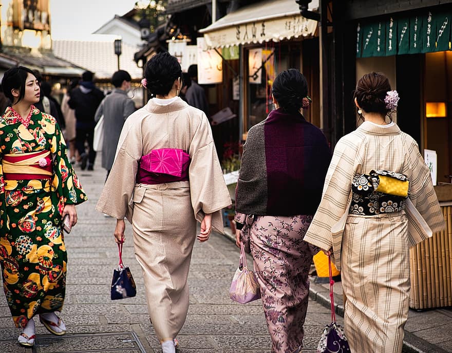 femmes, kimono, costume, retour, coloré, tradition, Japonais