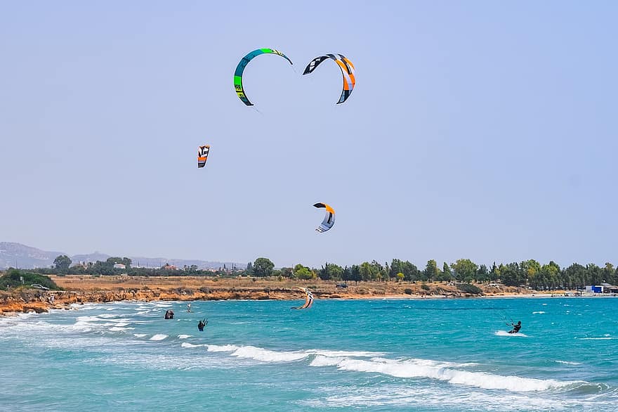 पतंग उड़ाना, खेल, बीच, समुद्र, गर्मी, लहर की