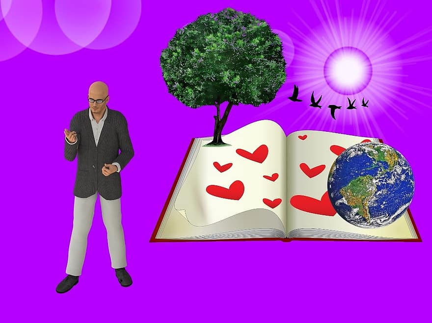 professor, open boek, terrestrische globe, wereld-, aarde, boek, kans, boodschapper, jonge man, leg uit, uitleg