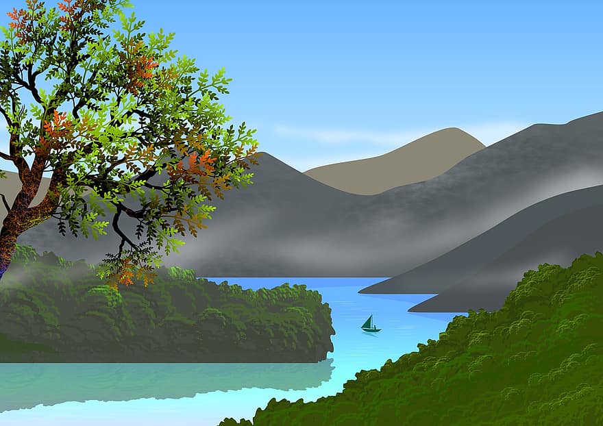 panorama, ilustração, natureza, montanhas, floresta, arvores, rio, lago, agua, barco, vegetação