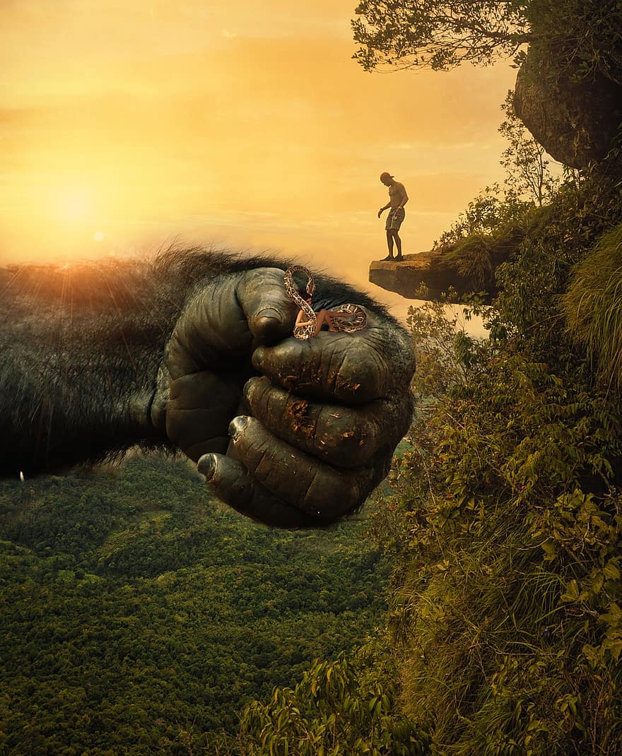 Milžiniška gorila, King Kongas, nuotykius, kraštovaizdį, džiunglėse, saulėlydis, vyrai, kalnas, kaimo scenoje, vienas asmuo, suaugusiųjų