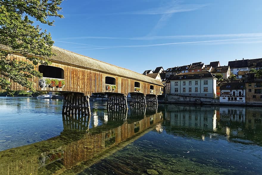 švýcarsko, diessenhofen, Rýnský most Diessenhofen-gailingen, rheinbrücke, rhine, tok, historické centrum, historický, budova, most, dřevěný most