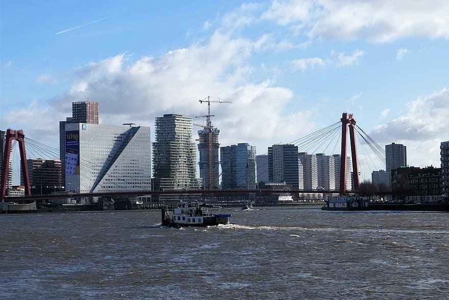 fiume, orizzonte, porta, spedizione, Rotterdam, paesaggio urbano, piatto, grattacielo, urbano, posto famoso, architettura