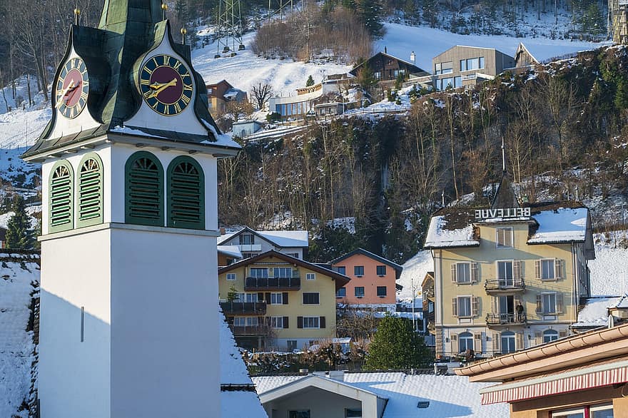 Sveits, by, vinter, årstid, snø, arkitektur, kulturer, berømt sted, bygge eksteriør, tak, reise