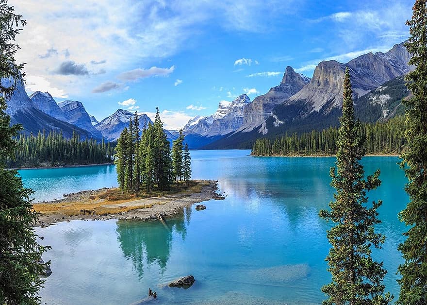 मैलिग्न झील, कनाडा, जैस्पर नेशनल पार्क, अल्बर्टा, पर्वत, झील, प्रकृति, आत्मा द्वीप, मैलिगन घाटी, वन, Athabasca गिर जाता है