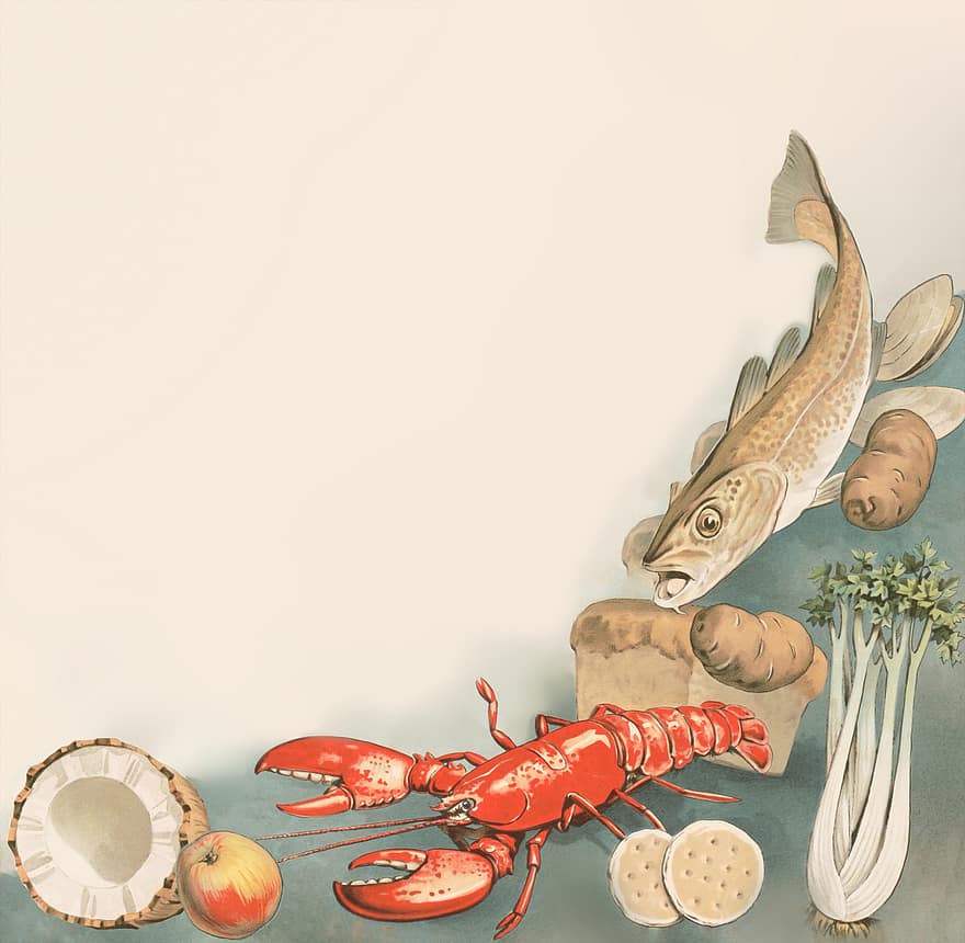 Fish, Lobster, Celery, Food, Potato, Cartoon, Coconut, Veggies, Sign, Border, Dinner