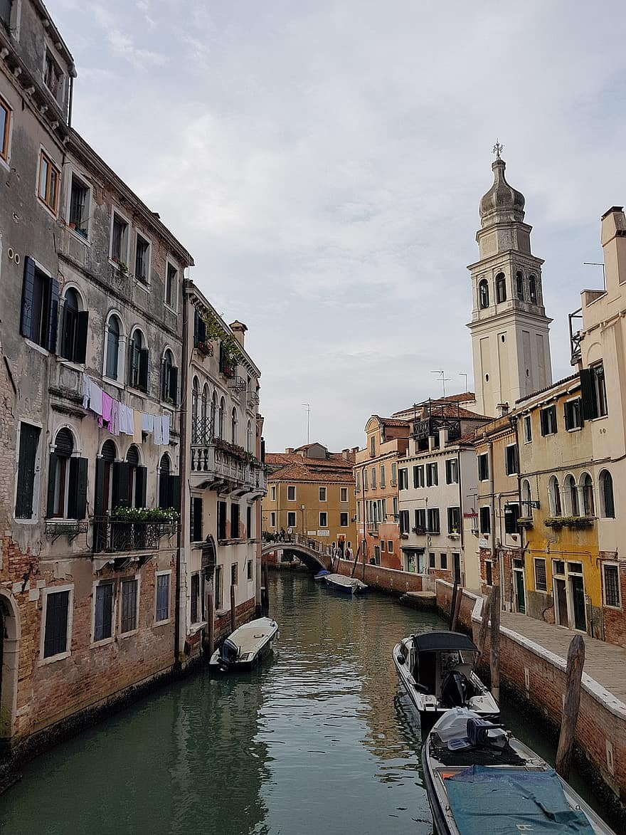 Venecia, canal, edificios, barcos, agua, camino acuático, ciudad, urbano, Italia
