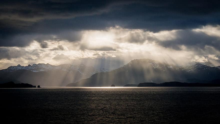 海、雲、山岳、アラスカ、太陽、光線、気分、反射、海洋、水、自然