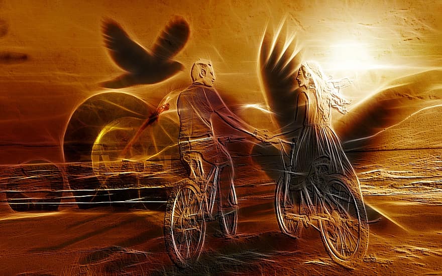 Abstract, Birds, Silhouette, Human, Personal, Wheel, Bike, Cyclists, Heart, Love, Affection