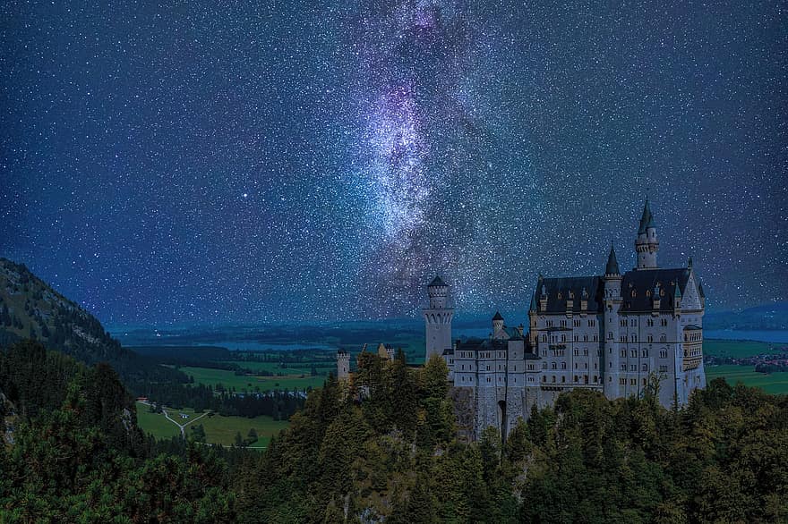 kasteel, sterren, natuur, reizen, exploratie, Europa, Beieren, historisch, architectuur, nacht, Melkweg