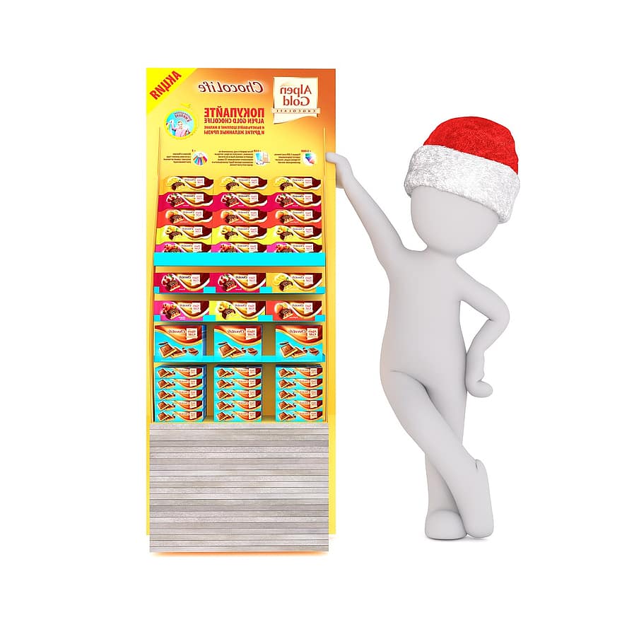 baltas vyras, izoliuotas, 3D modelis, Kalėdos, santa skrybėlę, Viso kūno, balta, 3d, skaičius, šokoladas, Šokolado lentyna