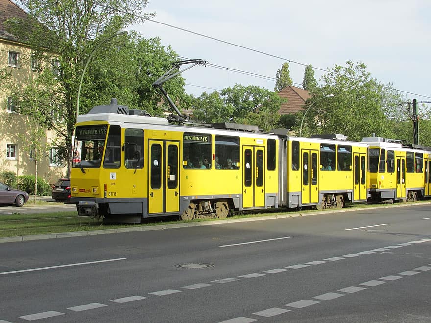 tramvia, Berlín, bvg, capital, groc, carretera, marcatge de carreteres