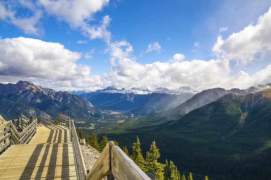 banff, Canada, fjell, landskap, turisme, Rocky Mountains, Outlook, utsikt, topper, skog, reise