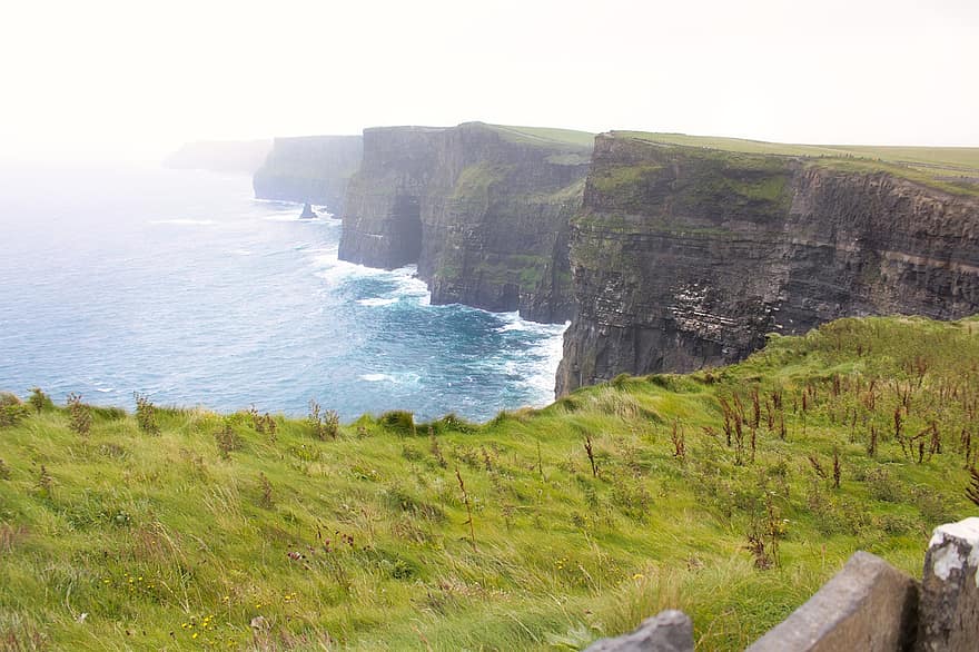 Скалы Мохер, Ирландия, утес, берег, море, туман, природа, береговая линия, пейзаж, камень, воды
