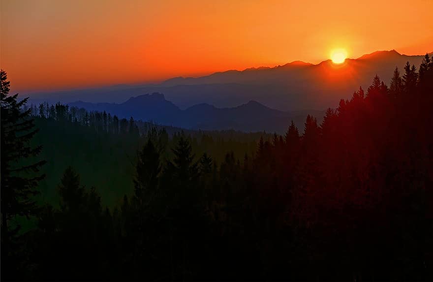 gün batımı, dağlar, doğa, manzara, peyzaj, orman, ağaçlar, Güneş, Güneş ışığı, siluet, akşam karanlığı