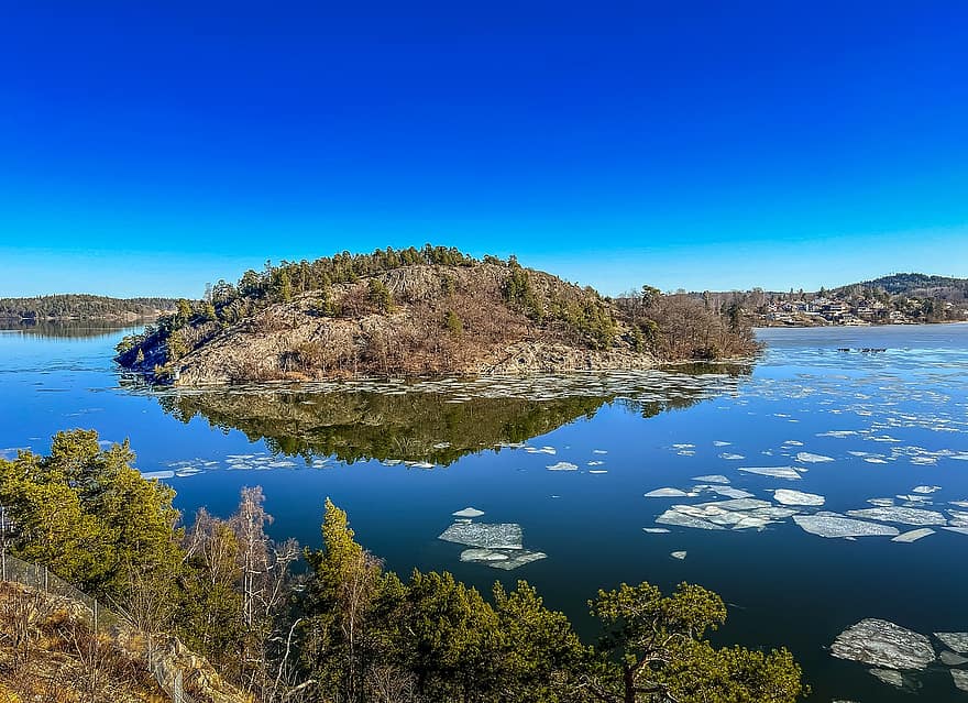 озеро, крижина, природи, острів, Стокгольм, дерева, лід, зима, декорації, води, вид