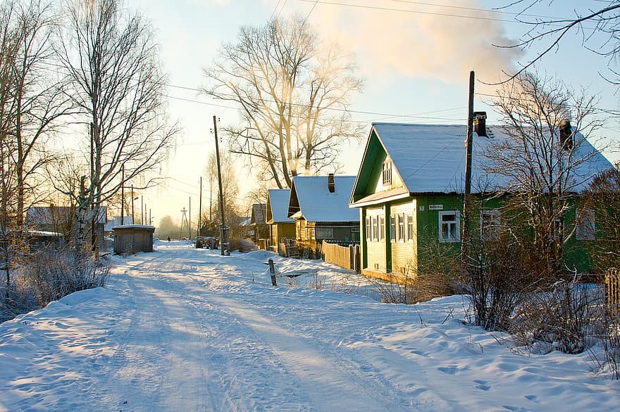 kaimas, kaimo kraštovaizdis, gatvė, namie, šalčio, žiemą