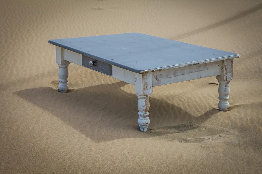 asztal, homok, strand, elhagyatott, bútor, rajzoló